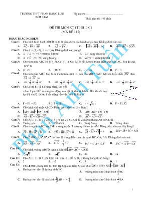 Đề thi môn kiểm tra 1 tiết môn Hình 10 - Chương 1 (Mã đề 115)